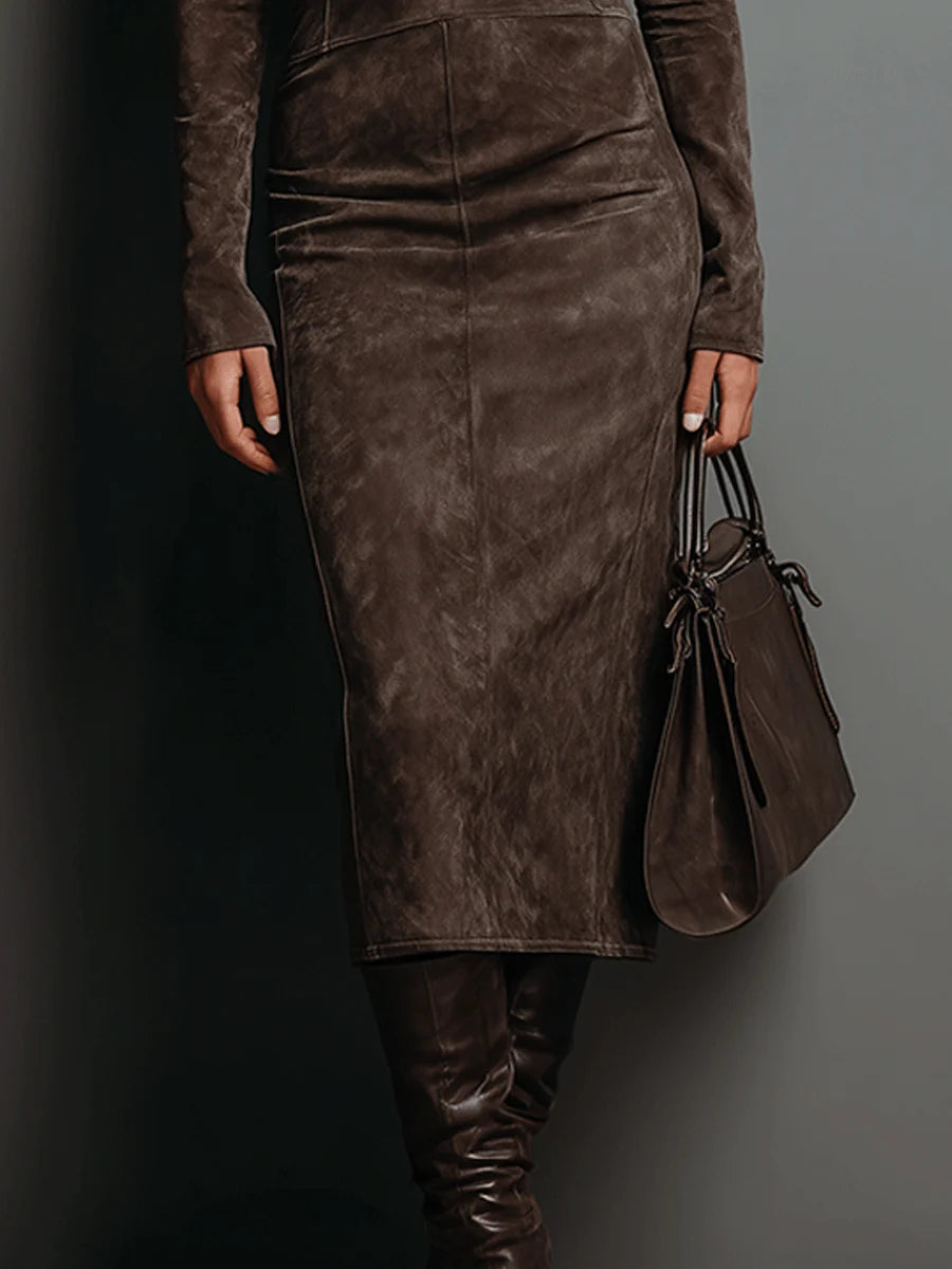 Lorène | Brown Midi Dress with Suede Effect