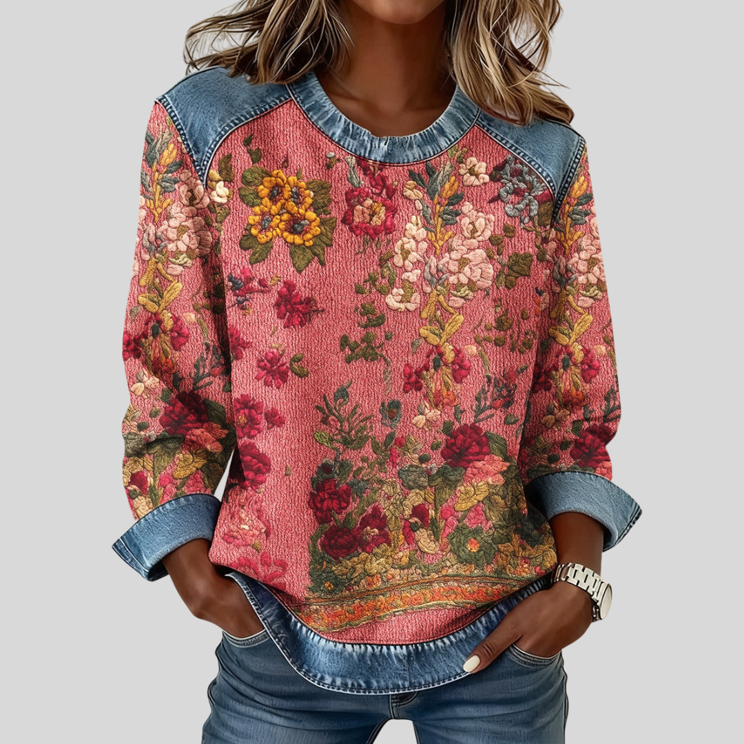 Orabelle™ | Floral Print Sweatshirt with Denim Accent