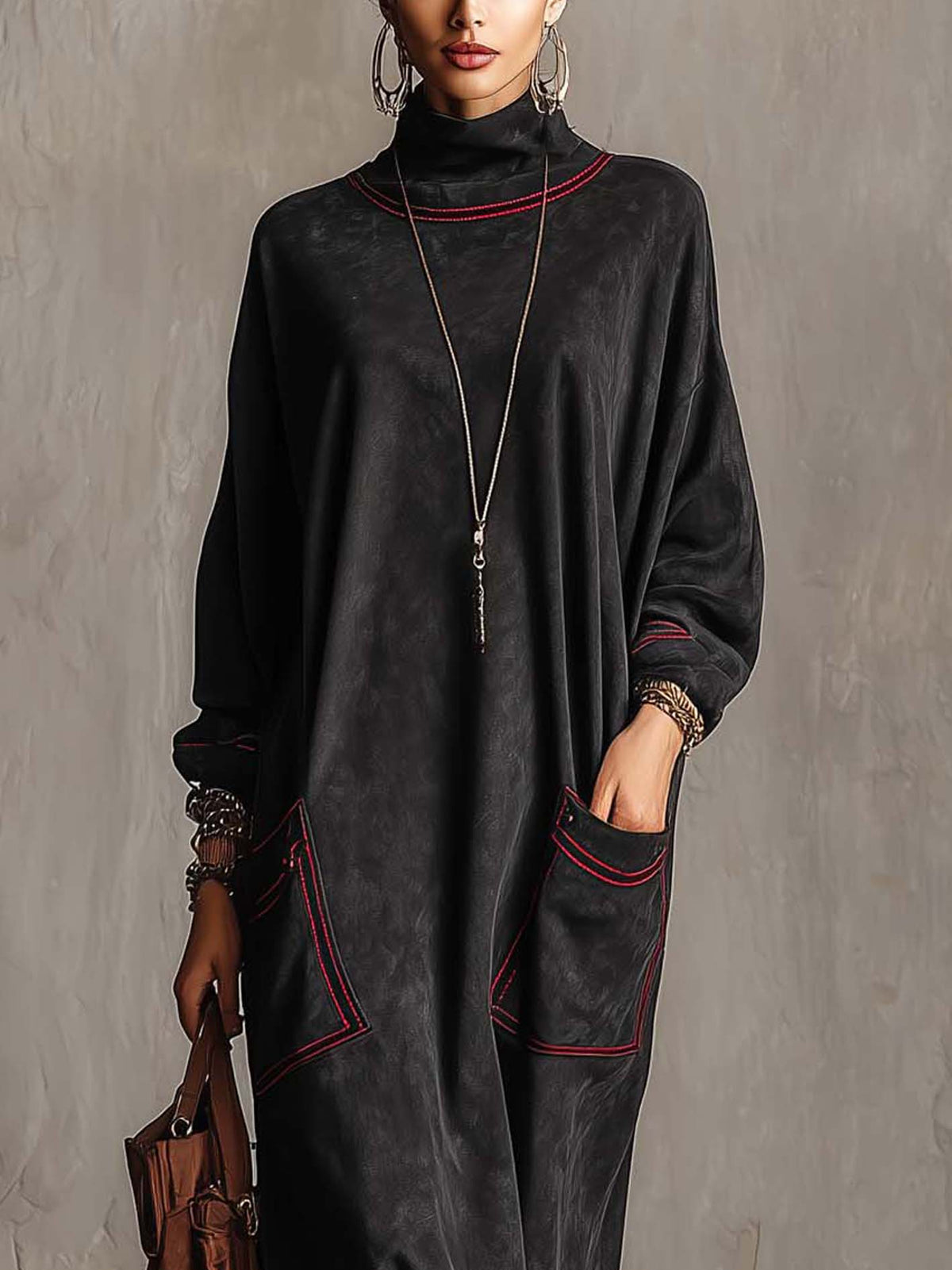 Rossana | Maxi Dress in Suede Effect with Contrasting Red Stitching and Applied Pockets