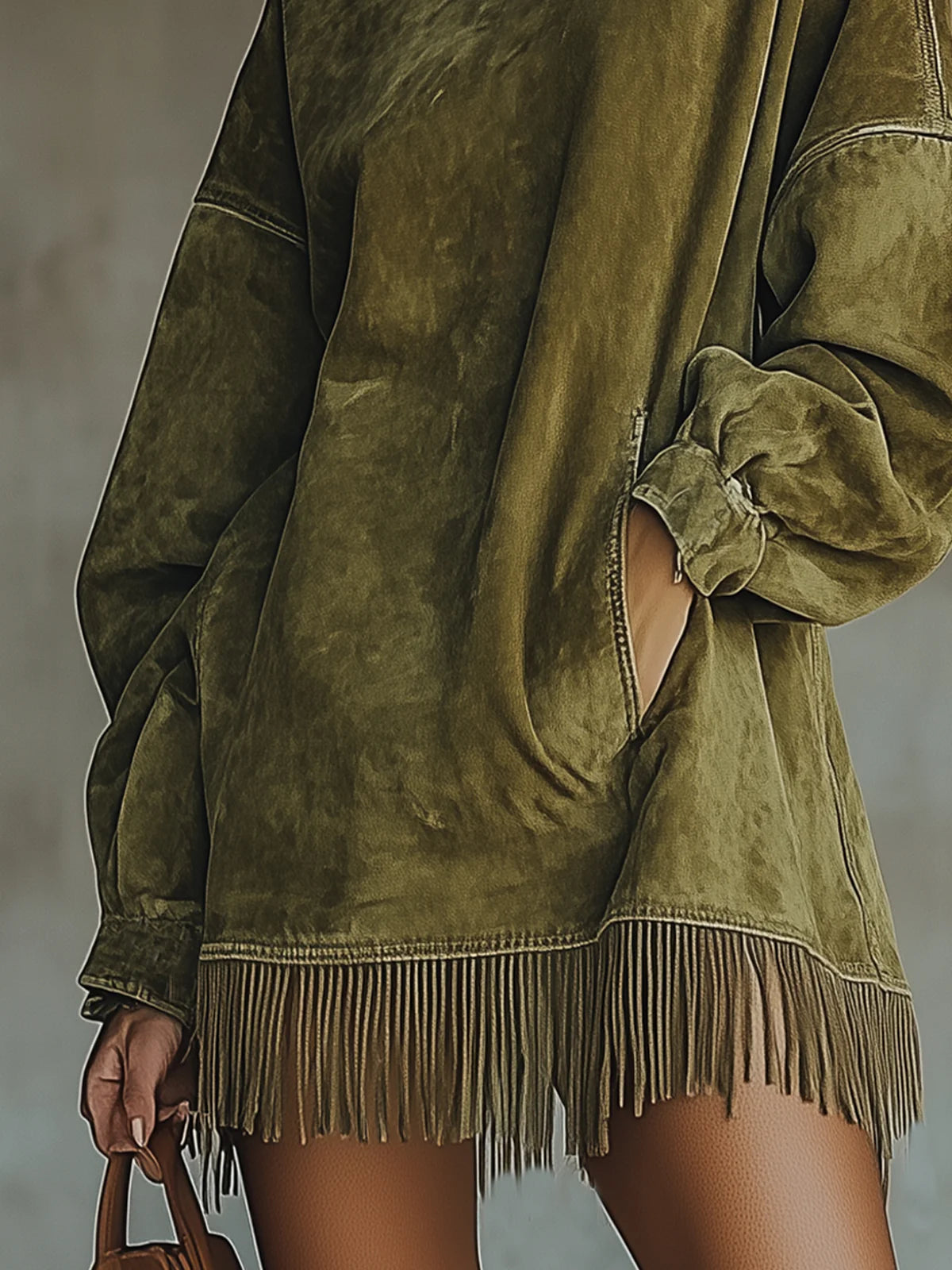Gabrielle | Suede Effect Dress with High Neck and Fringing