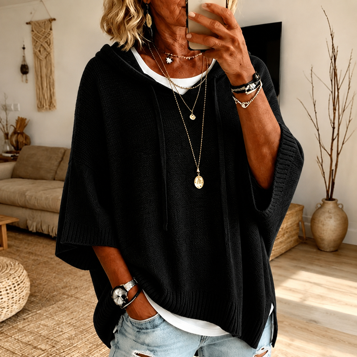 Sophie β Black Poncho Sweater