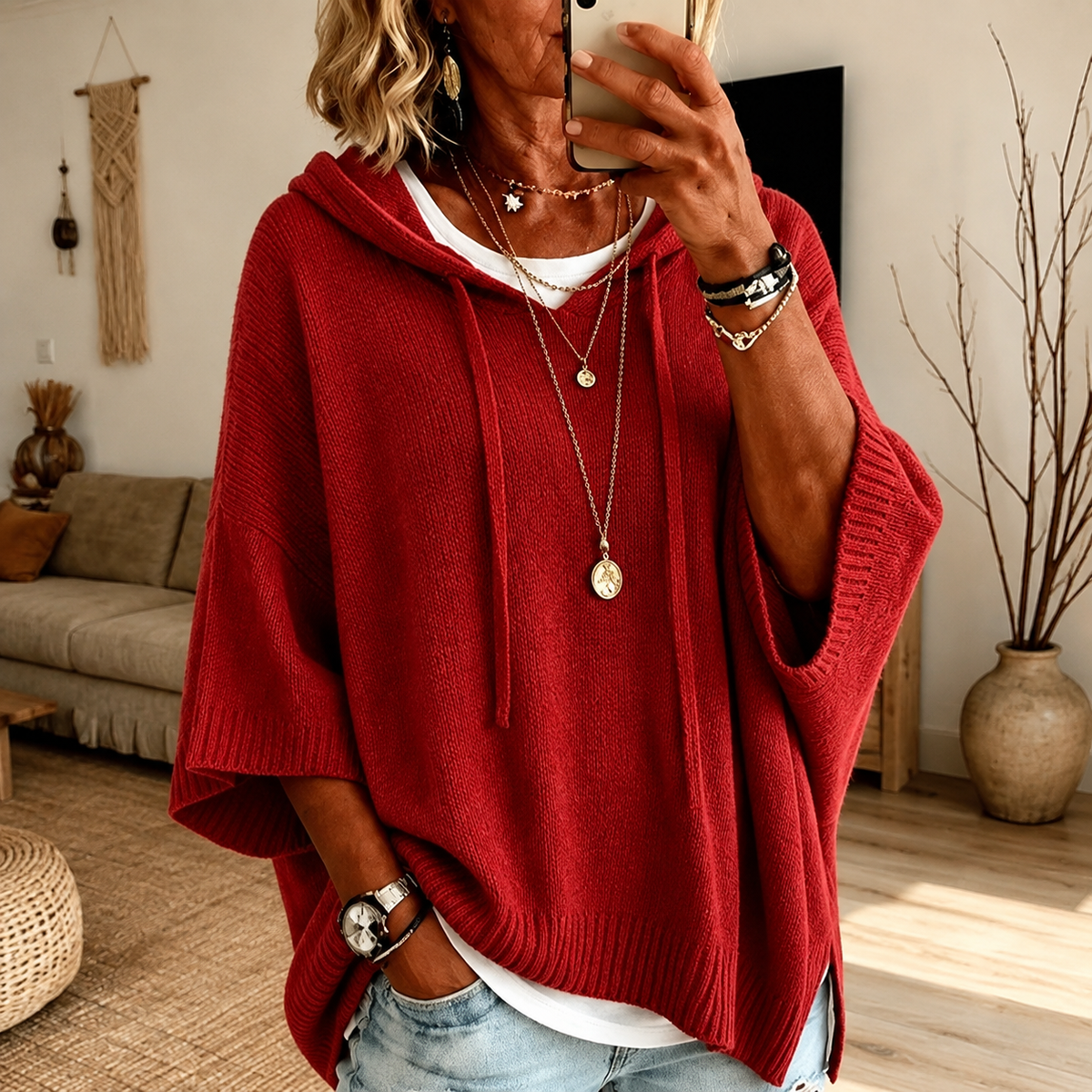 Claire β Red Poncho Sweater