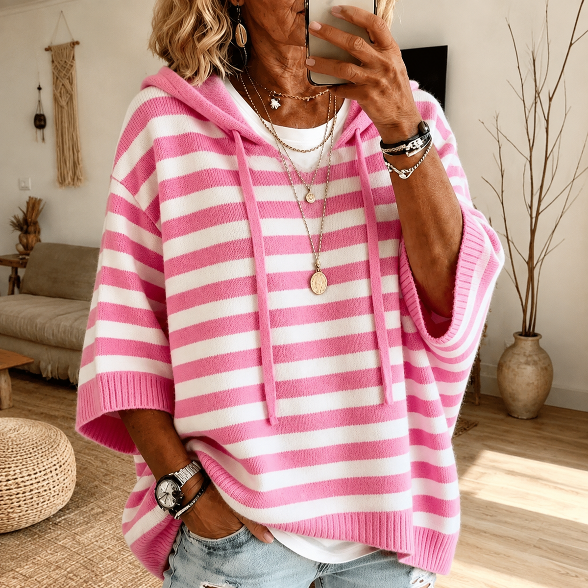 Emilie β Pink Striped Poncho Sweater
