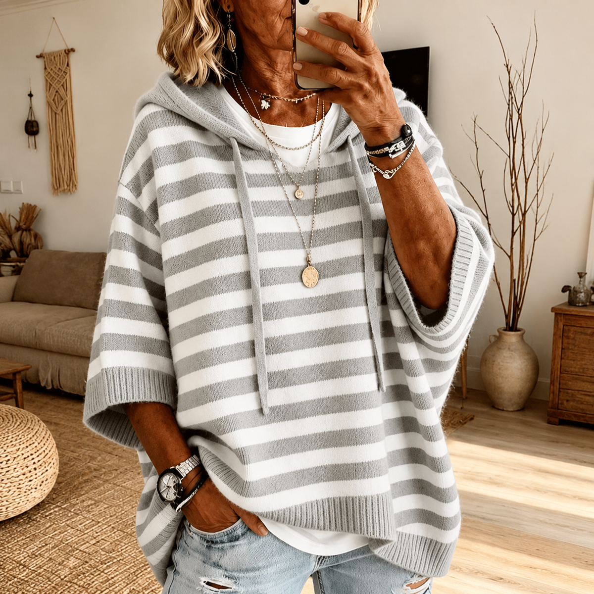 Celine β Grey Striped Poncho Sweater