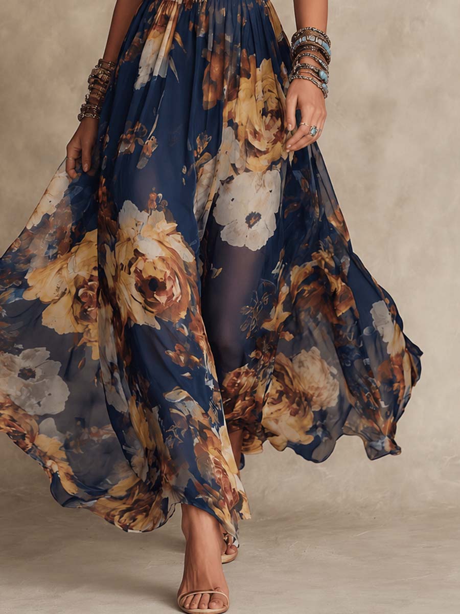 Melissa | Maxi Chiffon Floral Dress with Thin Straps, Navy Blue