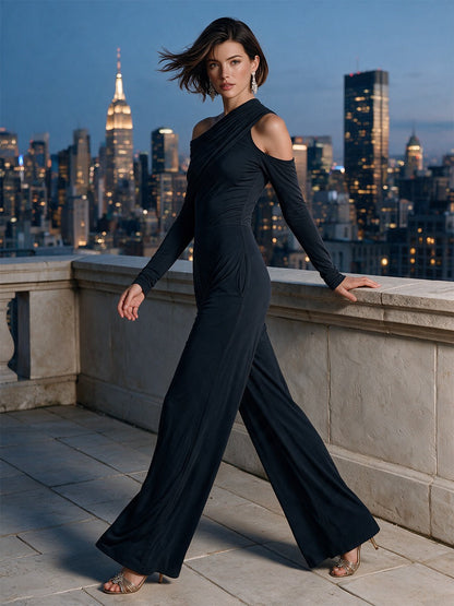 Domitilla | Elegant One-Shoulder Jumpsuit with Wide Leg, Black