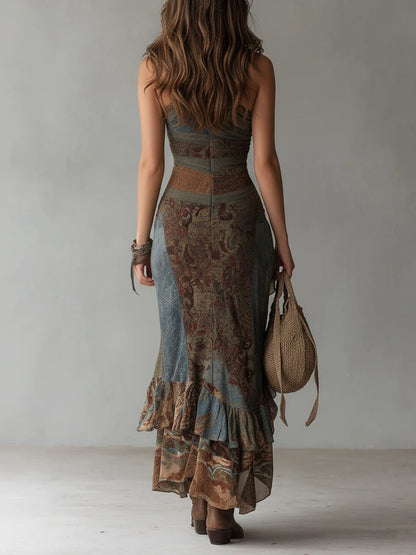 Elena | Long One-Shoulder Dress with Ethnic Print and High Split