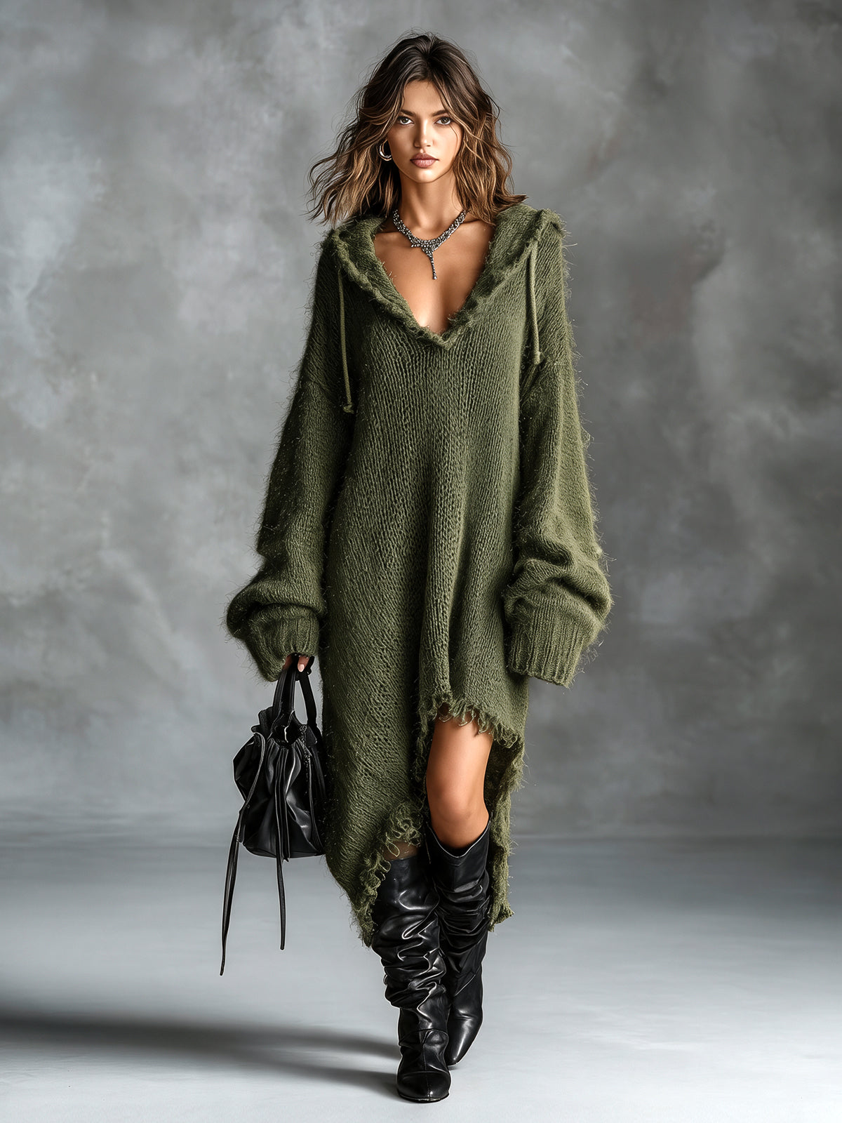 Fleece Knit Midi Dress with Hood