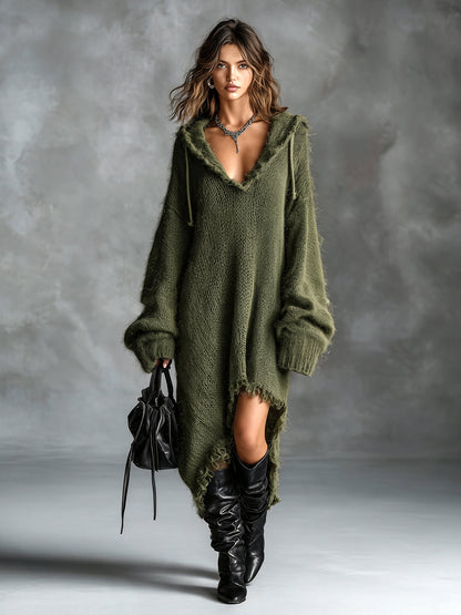 Fleece Knit Midi Dress with Hood