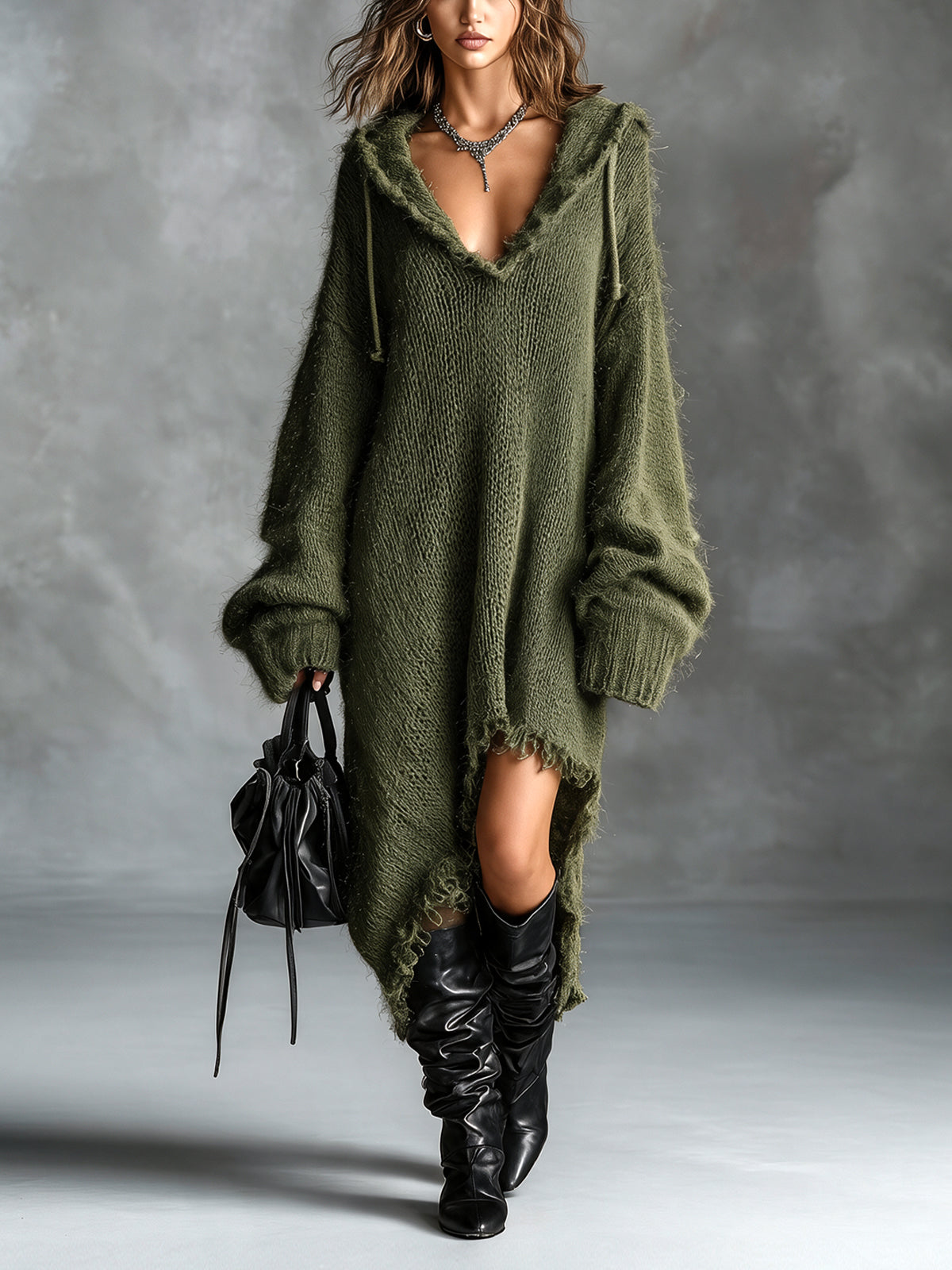 Fleece Knit Midi Dress with Hood