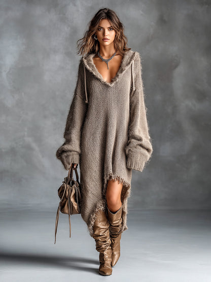 Fleece Knit Midi Dress with Hood