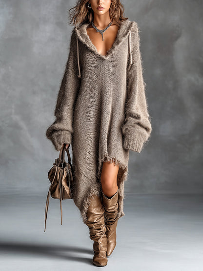 Fleece Knit Midi Dress with Hood