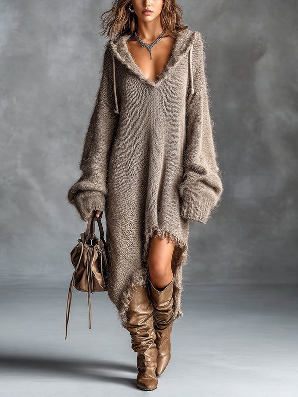 Fleece Knit Midi Dress with Hood