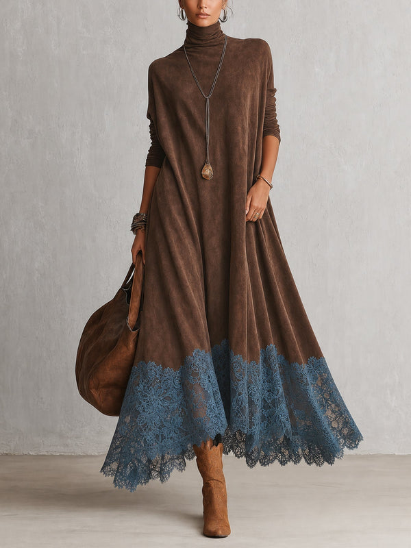 BRUNELLA | Long Dress with Suede Effect and Lace Hem