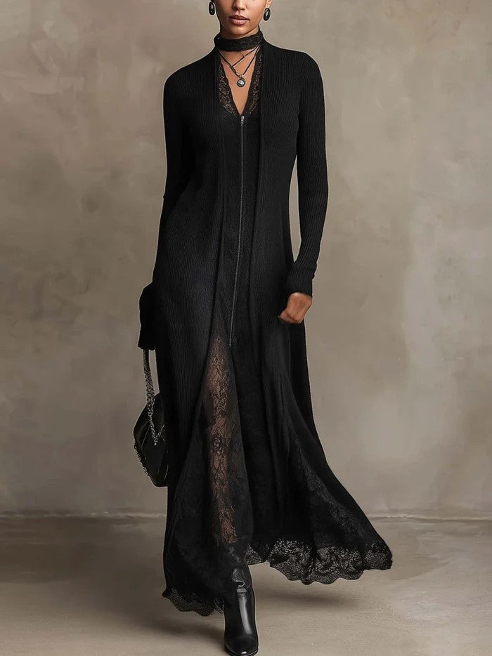 Corinna | Maxi Dress in Ribbed Knit with Lace Inserts