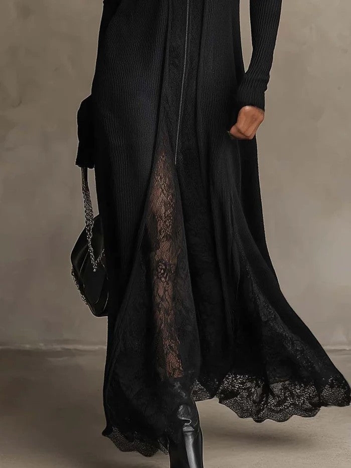 Corinna | Maxi Dress in Ribbed Knit with Lace Inserts