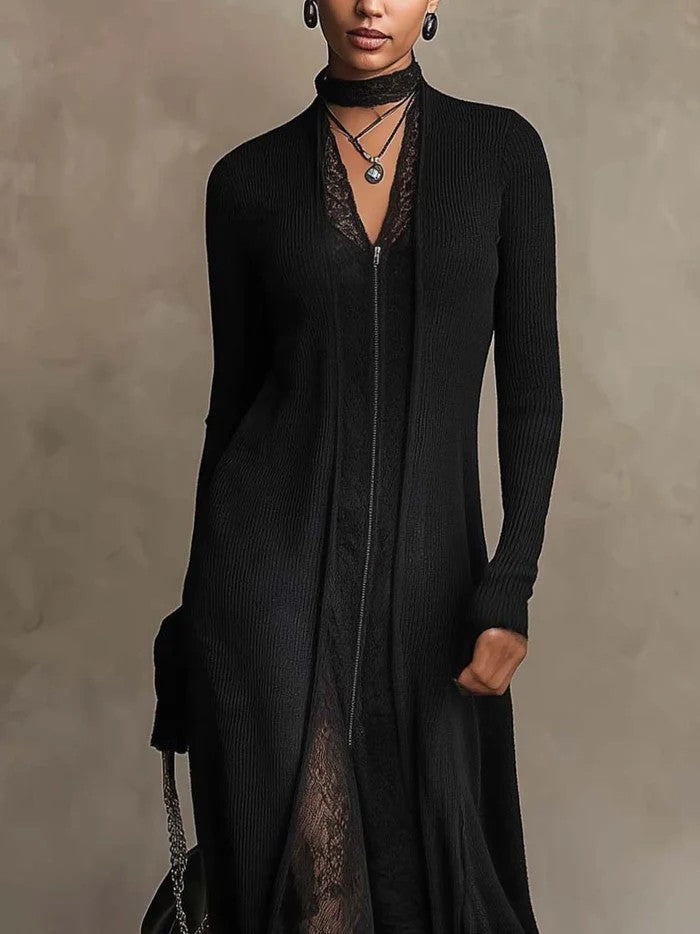 Corinna | Maxi Dress in Ribbed Knit with Lace Inserts
