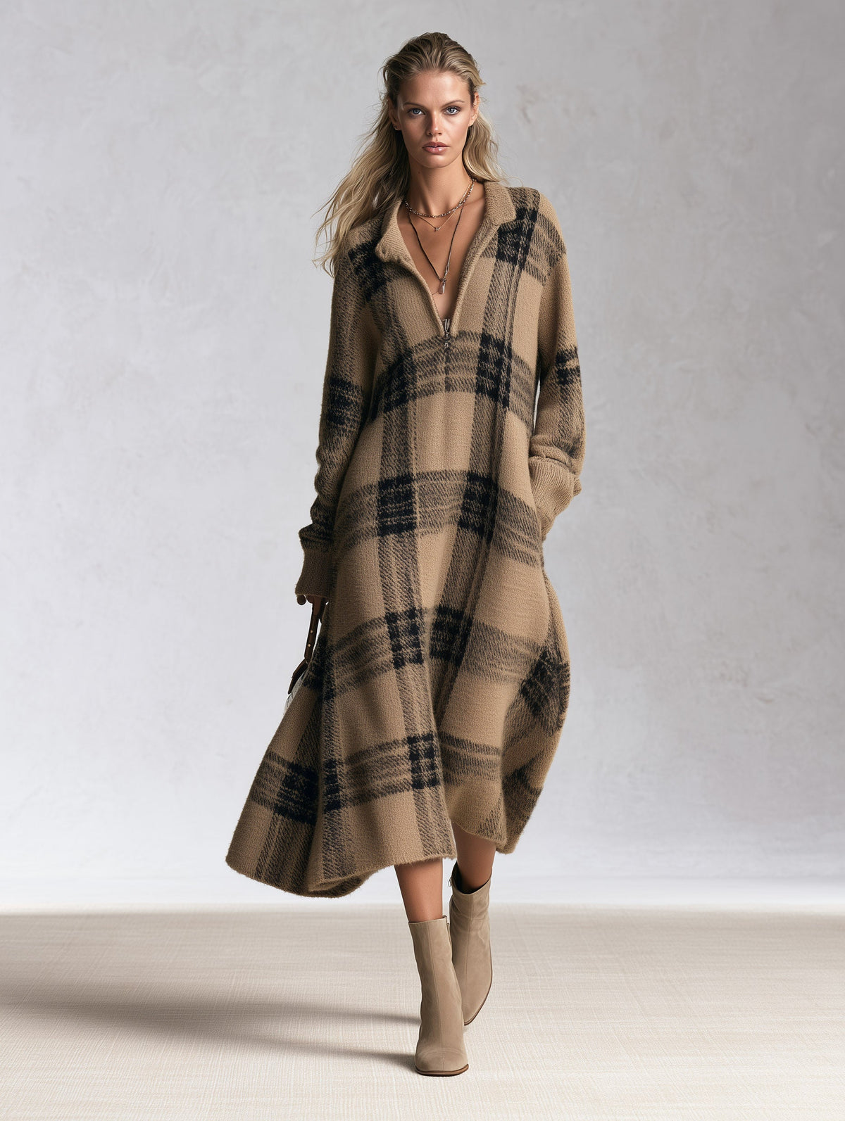 Adelaide | Midi Dress in Camel Check Knit with Half Zip