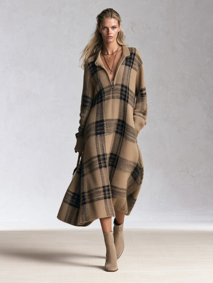 Adelaide | Midi Dress in Camel Check Knit with Half Zip