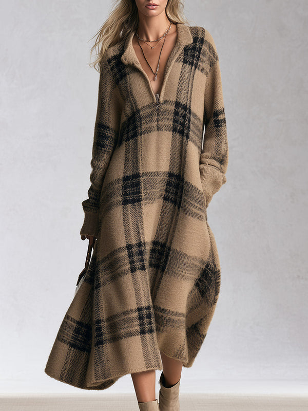 Adelaide | Midi Dress in Camel Check Knit with Half Zip