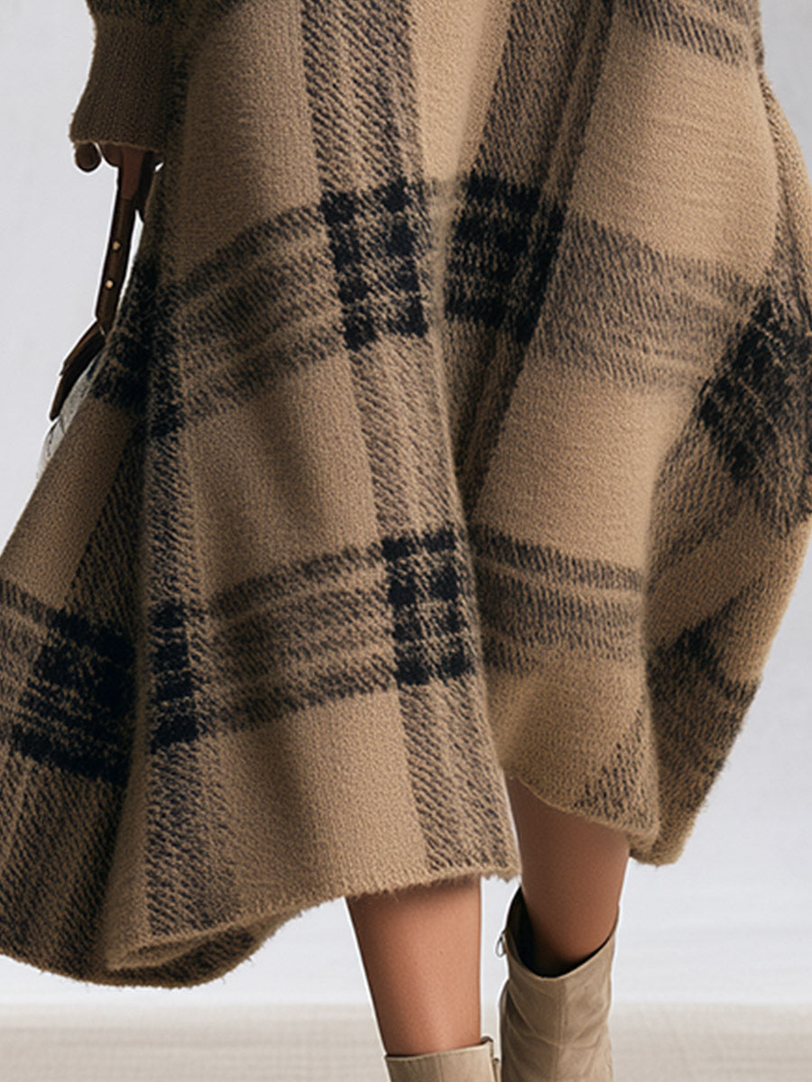 Adelaide | Midi Dress in Camel Check Knit with Half Zip