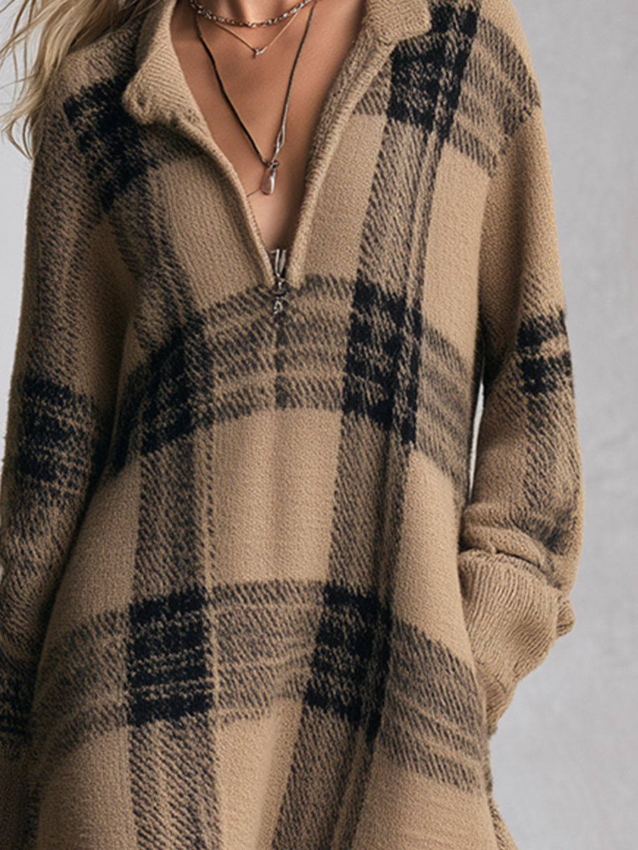 Adelaide | Midi Dress in Camel Check Knit with Half Zip