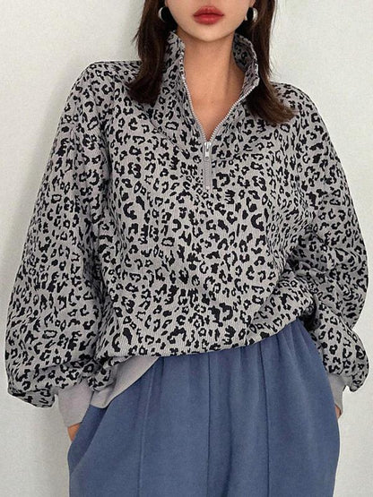 INGRID™ - Women’s Casual Zip-Up Front Leopard Print Sweatshirt Long Sleeve