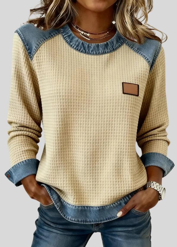OLIVIA | Women's Waffle-Knit Patchwork Trim Sweatshirt