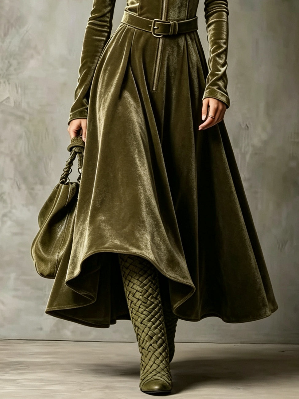 Smeralda | Vintage Maxi Dress in Velvet with Zip and Belt, Olive Green