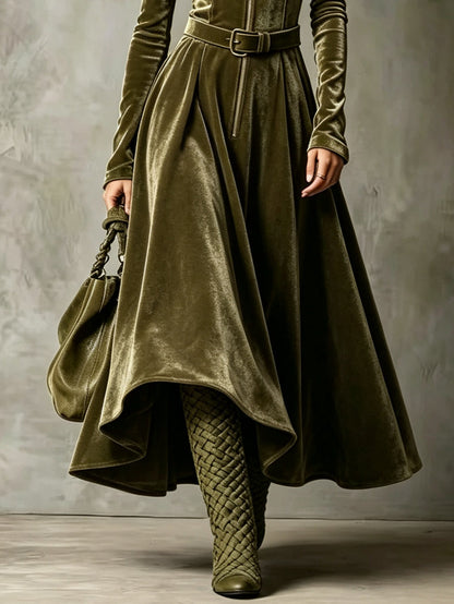 Smeralda | Vintage Maxi Dress in Velvet with Zip and Belt, Olive Green