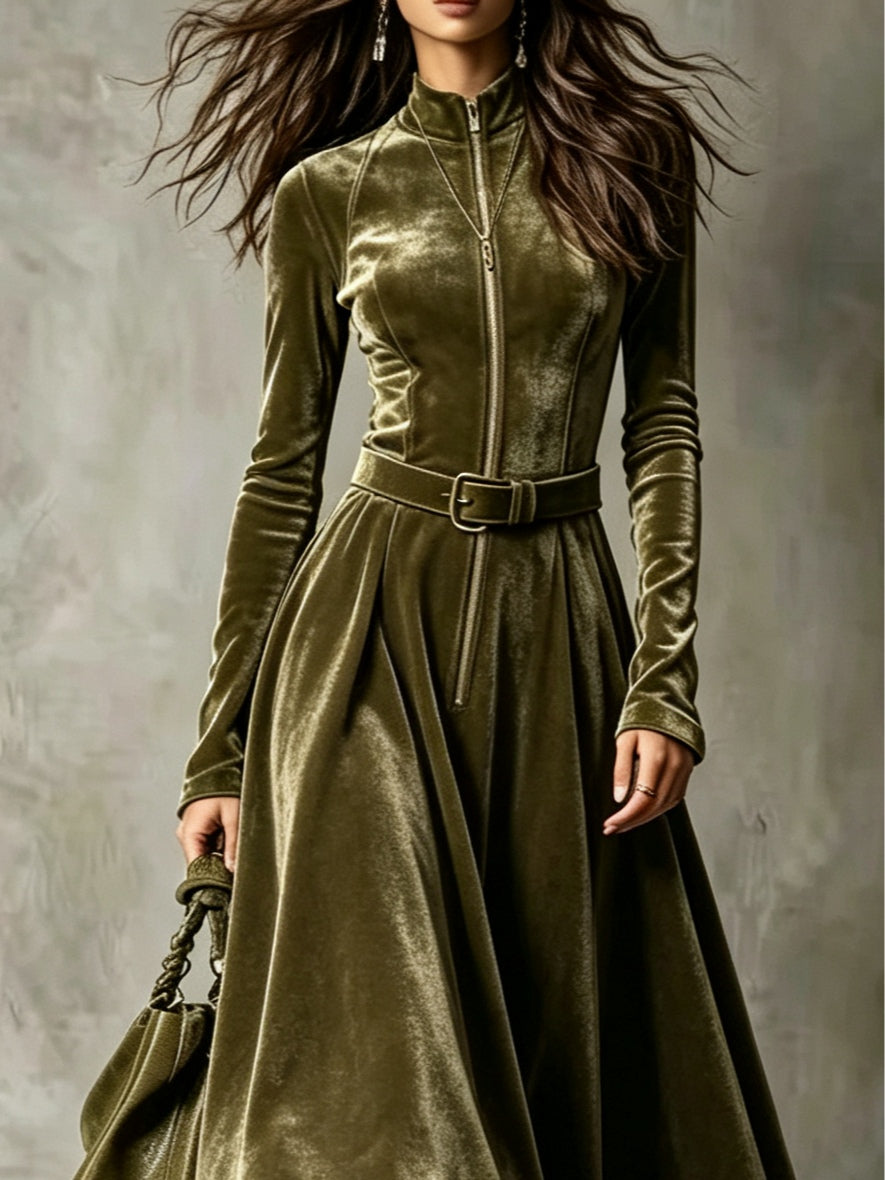 Smeralda | Vintage Maxi Dress in Velvet with Zip and Belt, Olive Green