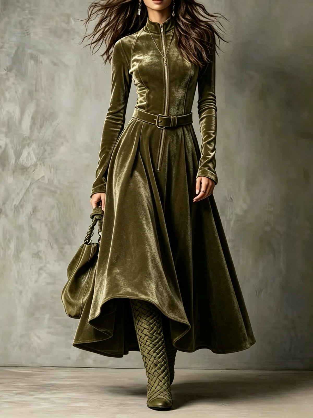 Smeralda | Vintage Maxi Dress in Velvet with Zip and Belt, Olive Green
