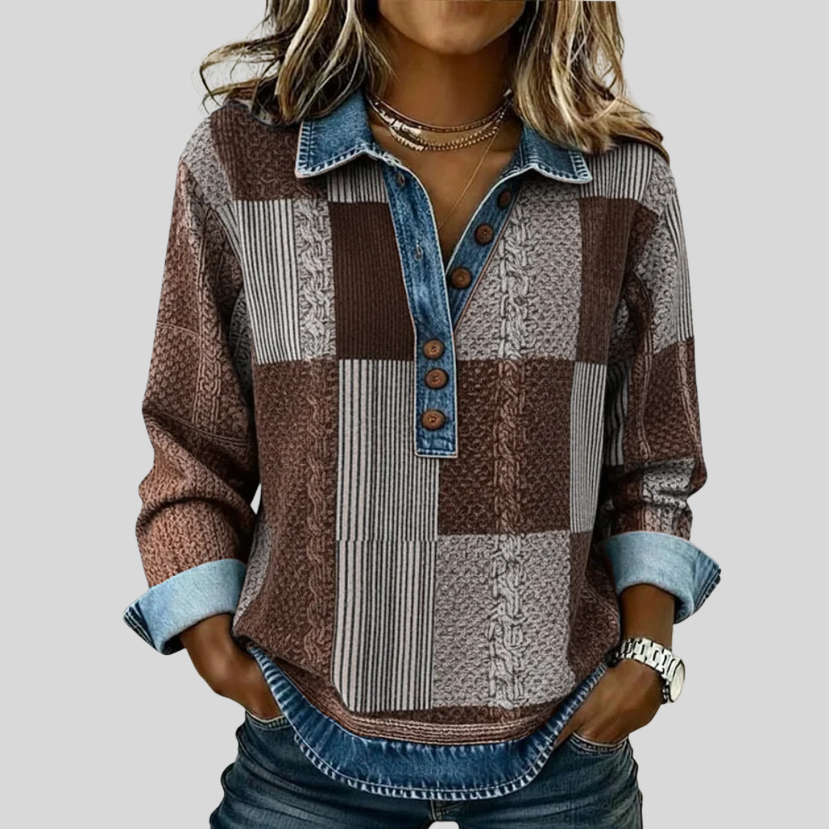 STELLA | Women's Colourblock Button-Front Pullover Sweatshirt