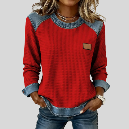 OLIVIA | Women's Waffle-Knit Patchwork Trim Sweatshirt