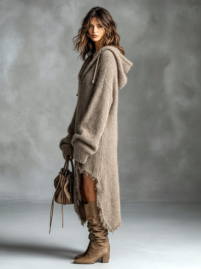 Fleece Knit Midi Dress with Hood