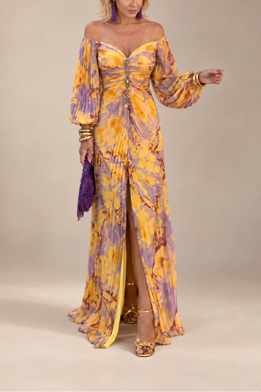 Greta™ | Long floral dress with deep neckline