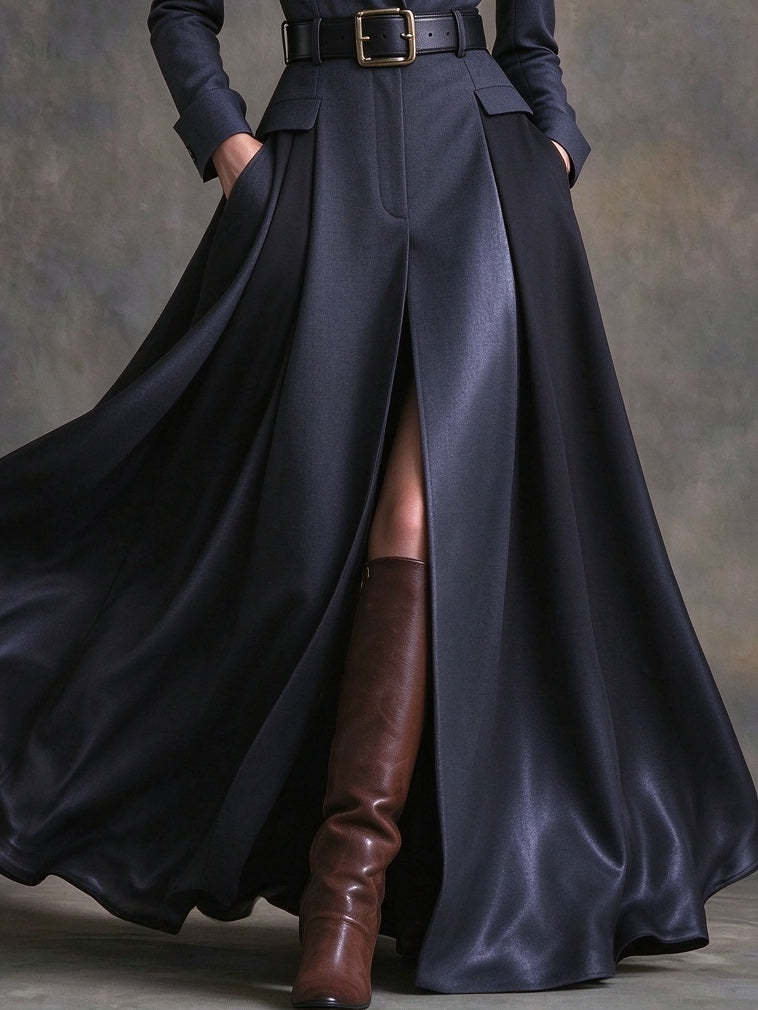 Azzurra | Maxi Dress with Western Style Lapels and Belt, Navy Blue