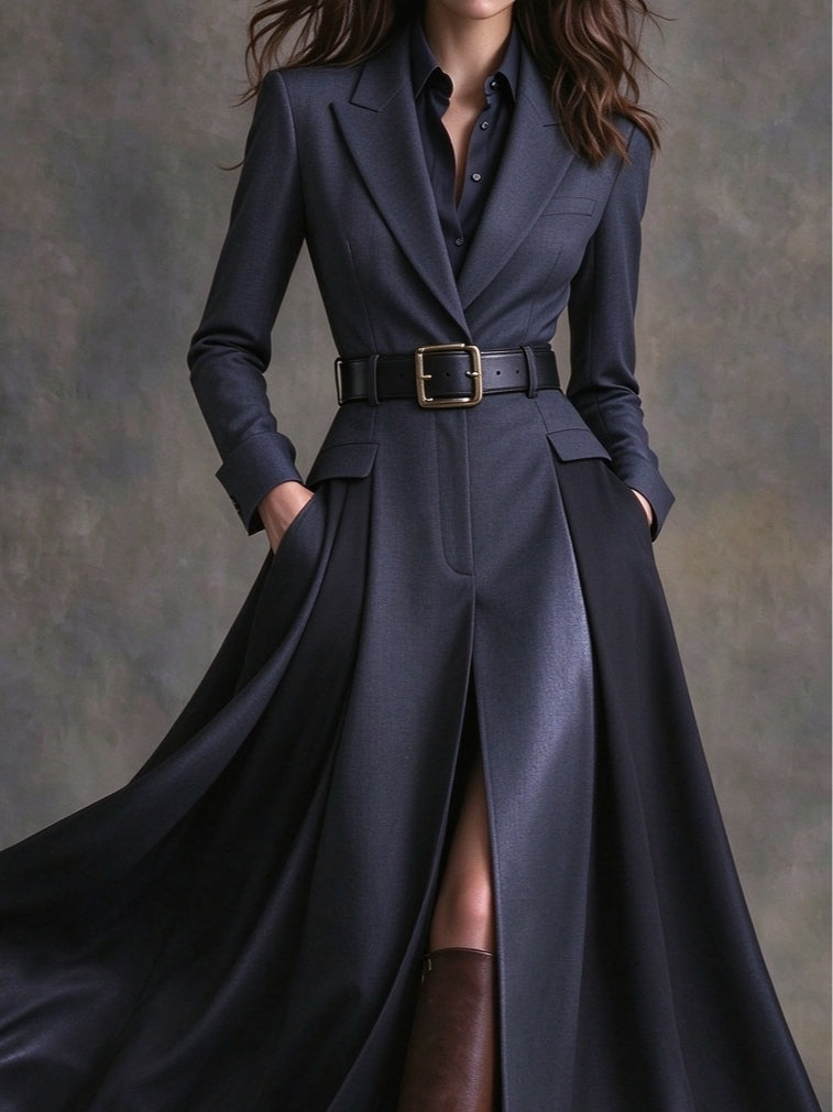 Azzurra | Maxi Dress with Western Style Lapels and Belt, Navy Blue