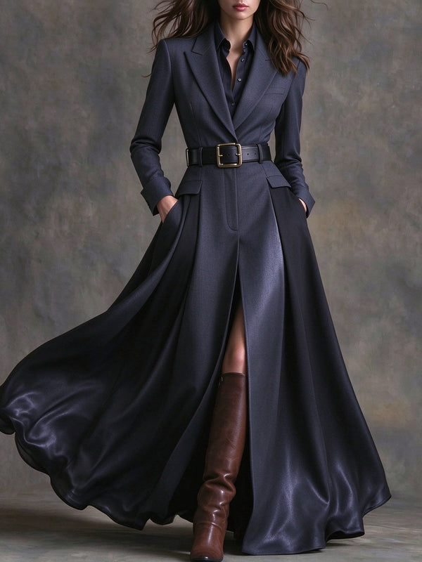 Azzurra | Maxi Dress with Western Style Lapels and Belt, Navy Blue