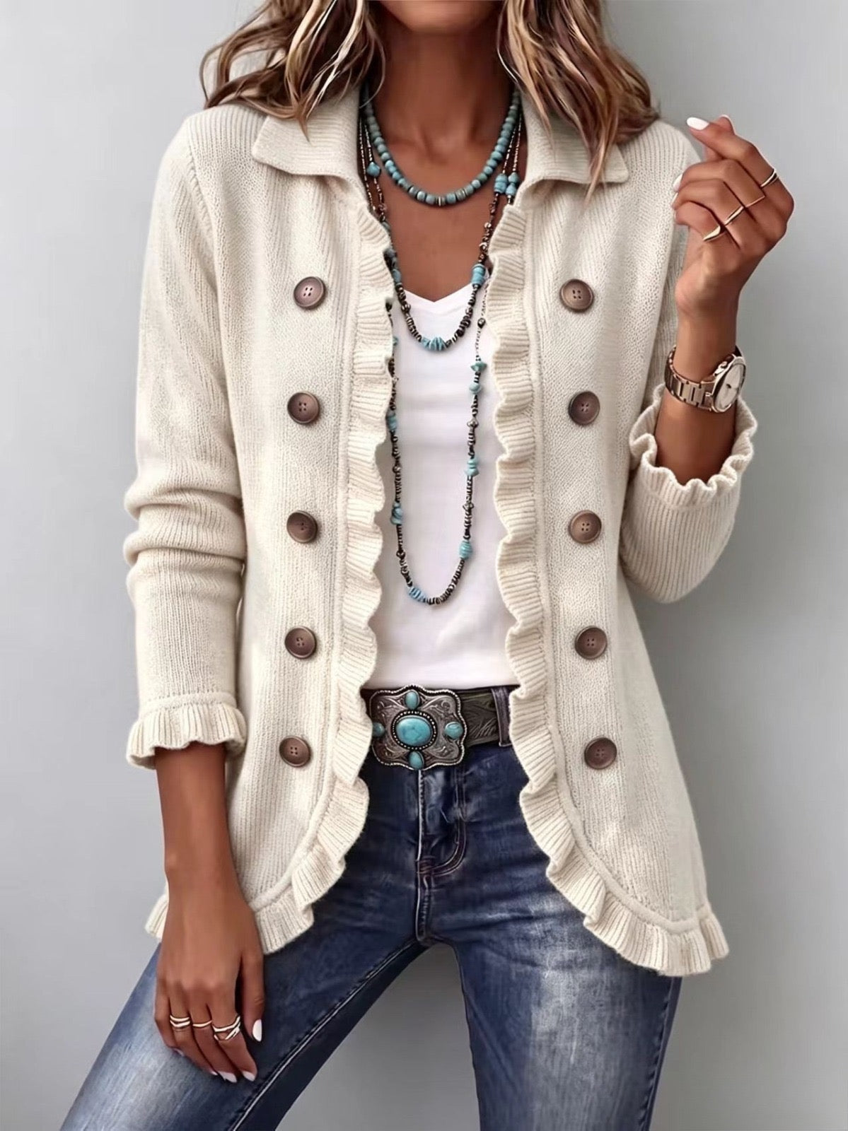 Ottavia | Ivory Ribbed Jacket with Ruffles