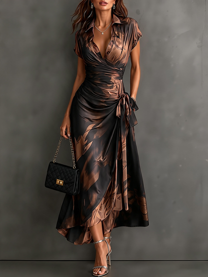 Brown and Black Abstract Print Crossed Midi Dress