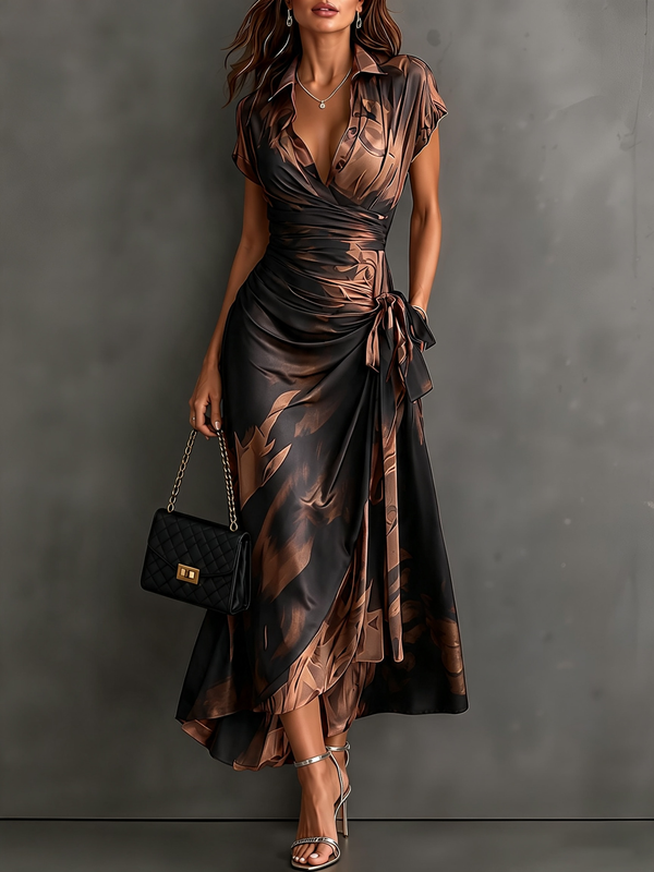 Brown and Black Abstract Print Crossed Midi Dress