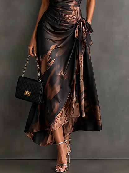 Brown and Black Abstract Print Crossed Midi Dress
