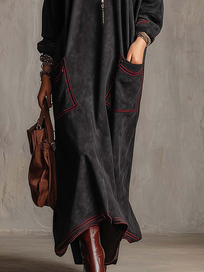 Rossana | Maxi Dress in Suede Effect with Contrasting Red Stitching and Applied Pockets