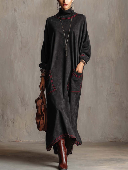 Rossana | Maxi Dress in Suede Effect with Contrasting Red Stitching and Applied Pockets