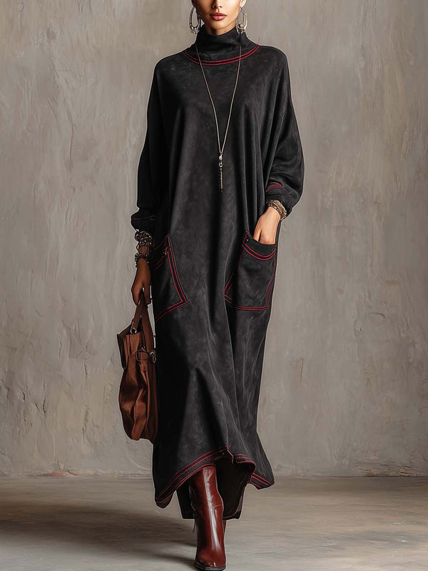 Rossana | Maxi Dress in Suede Effect with Contrasting Red Stitching and Applied Pockets