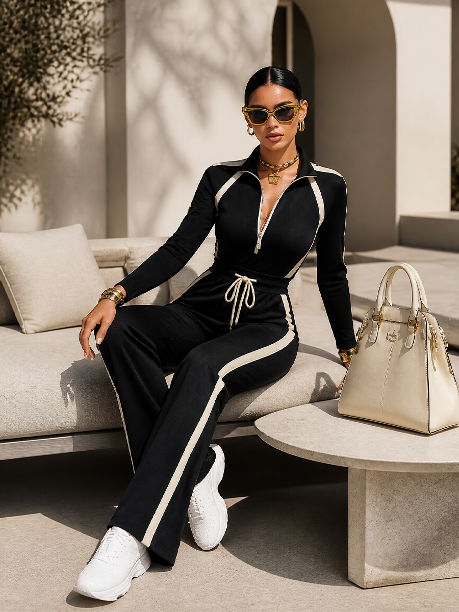 Doriana | Sports Set with Contrast Stripes and Half Zip, Black