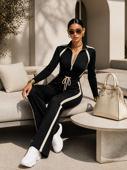 Doriana | Sports Set with Contrast Stripes and Half Zip, Black