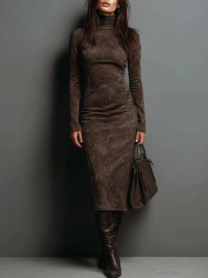 Lorène | Brown Midi Dress with Suede Effect