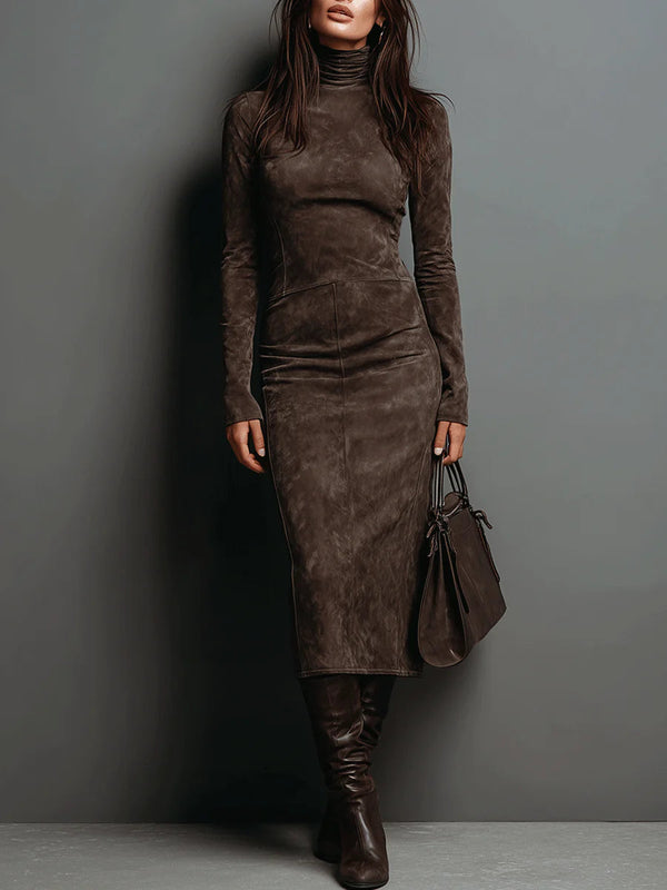 Lorène | Brown Midi Dress with Suede Effect